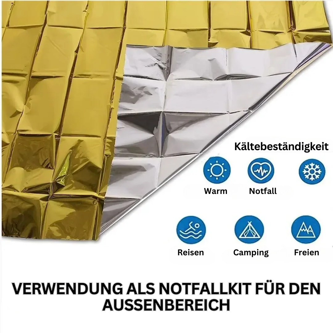 Gold-silberne Notfall-Poncho-Decke, kältebeständig, ideal für Reisen und Camping.