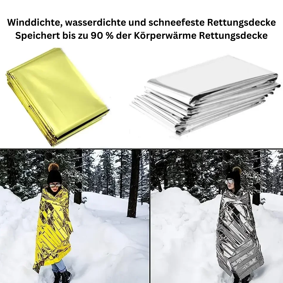 Goldene und silberne Rettungsdecke, winddicht, wasserdicht, schneefest, speichert Körperwärme.