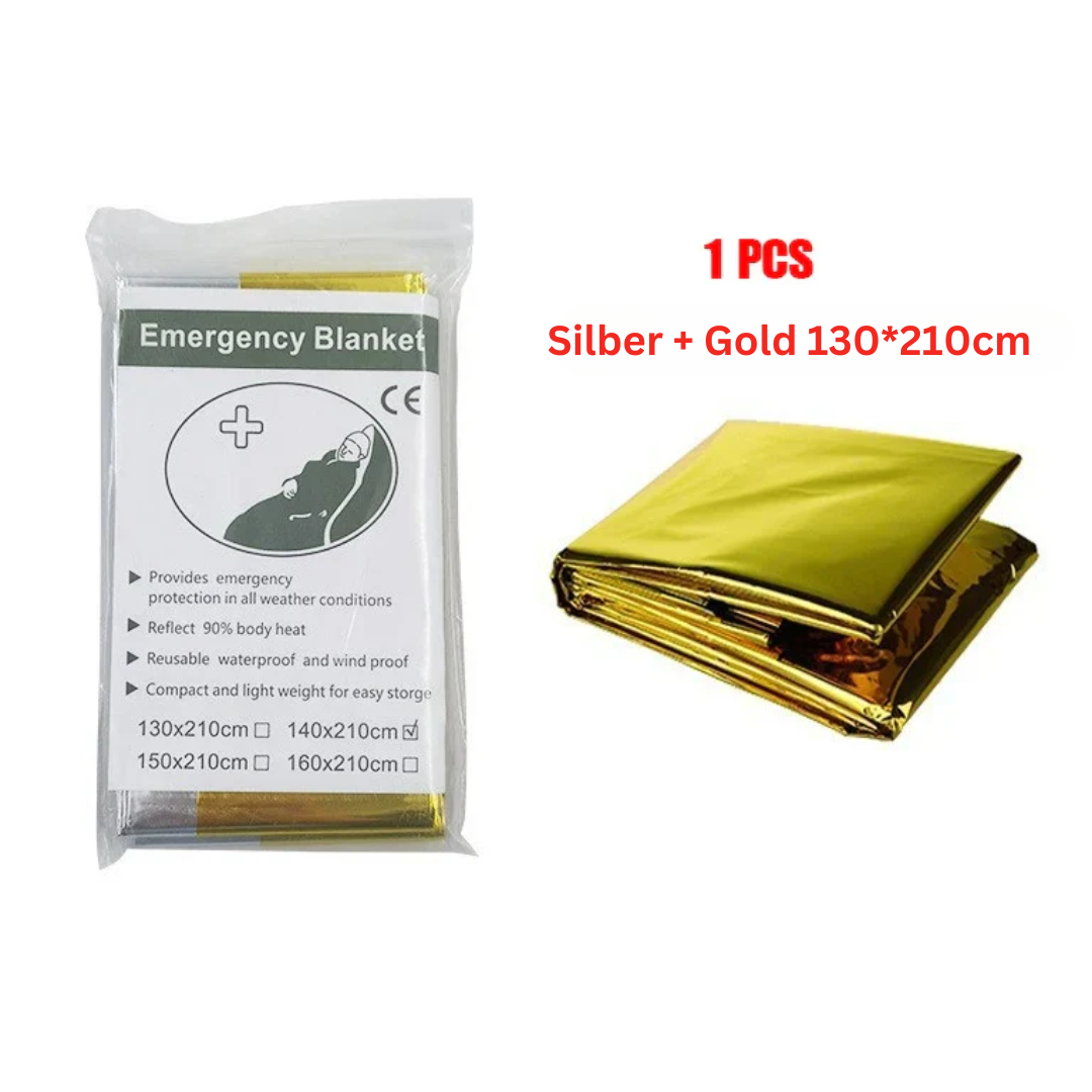 Silber-Gold Notfalldecke 130x210cm, wasserdicht, wärmeisolierend, kompakt für Outdoor.