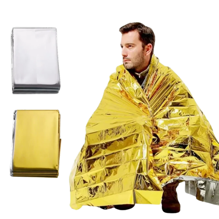 Goldene Notfall-Wärmedecke, reflektierend, tragbar, ideal für Outdoor-Abenteuer und Survival.