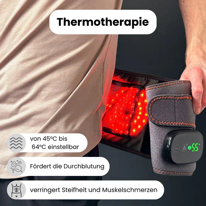 Mann mit einstellbarem Infrarot-Thermogürtel, fördert Durchblutung, lindert Muskelschmerzen.