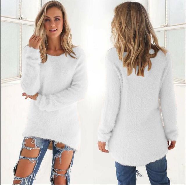 Weiße Damen-Fleece-Pullover, langärmelig, lässig, bequem, modisch, ideal für Herbst.