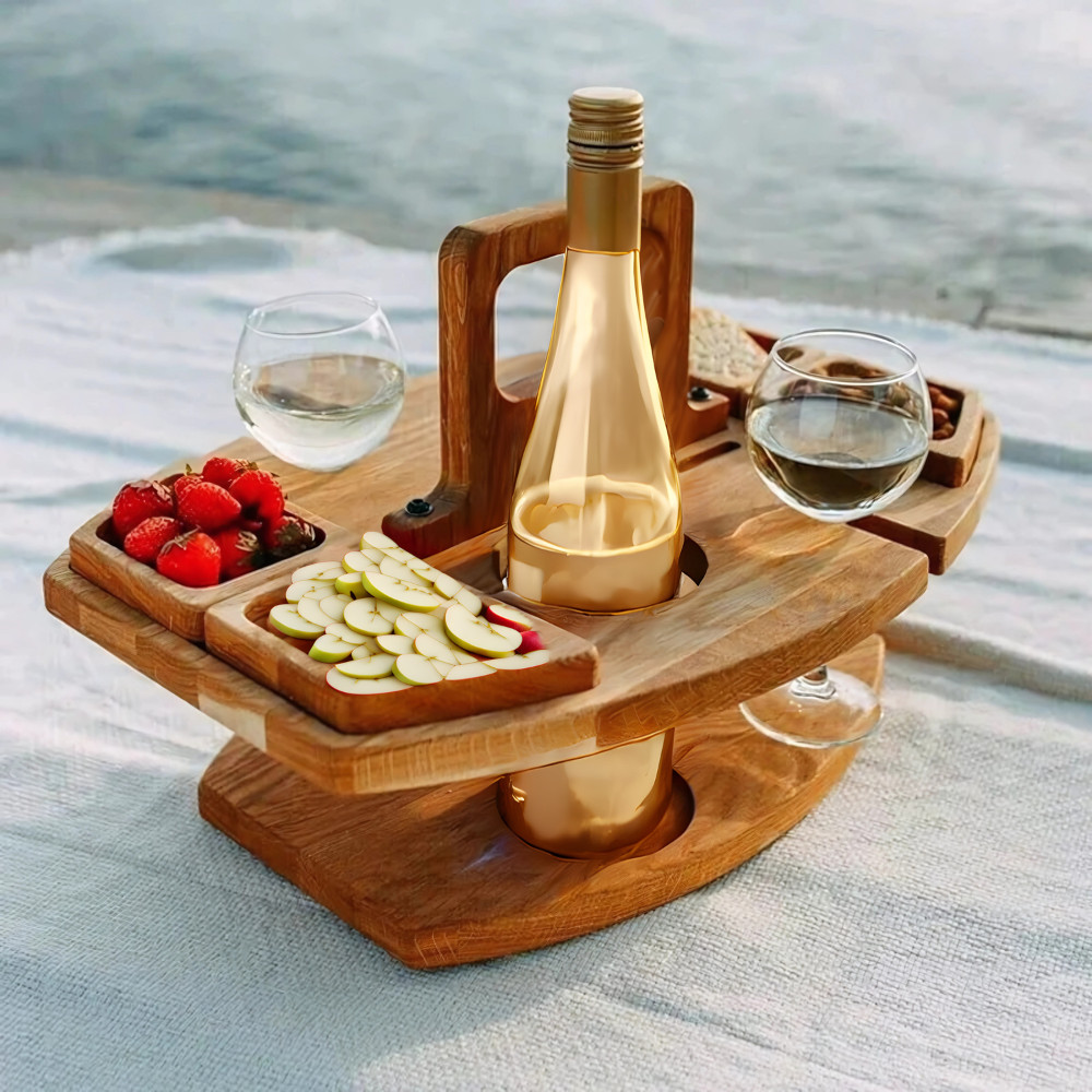 Přenosný dřevěný piknikový vinný stůl – WineNest