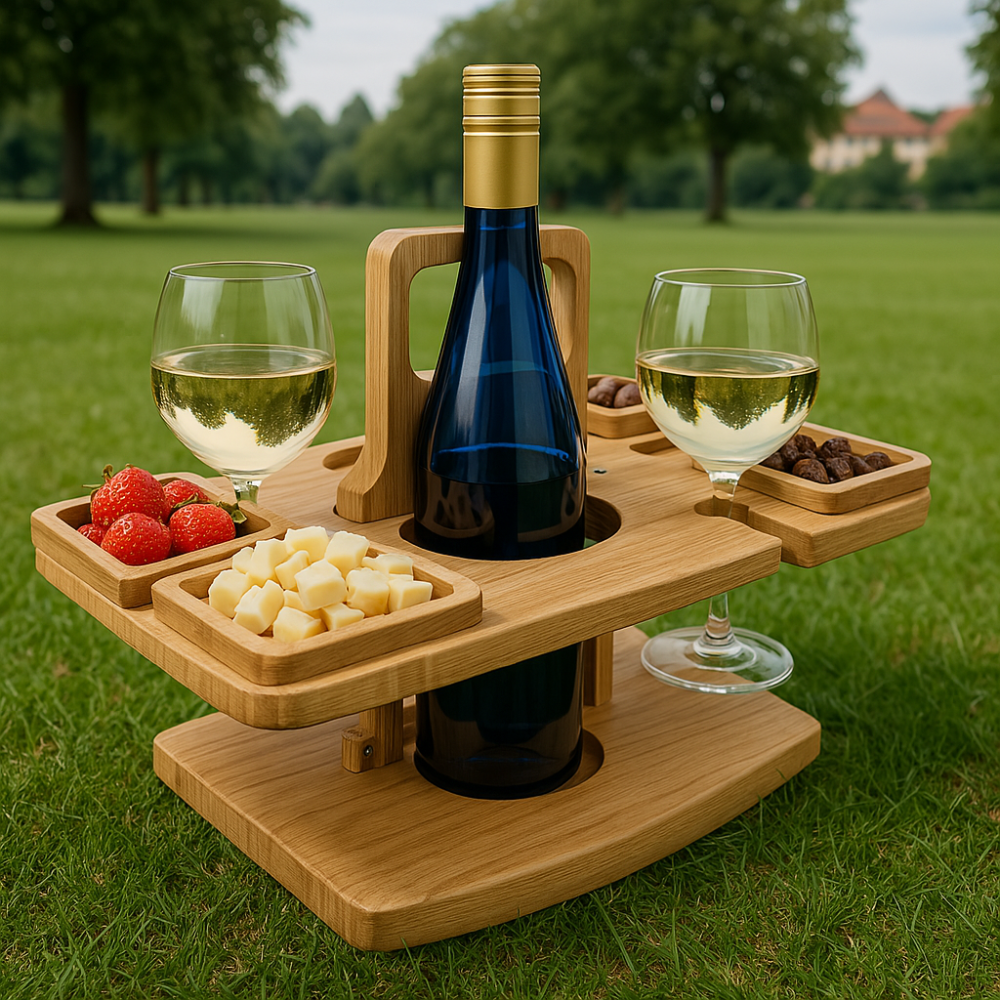 Přenosný dřevěný piknikový vinný stůl – WineNest