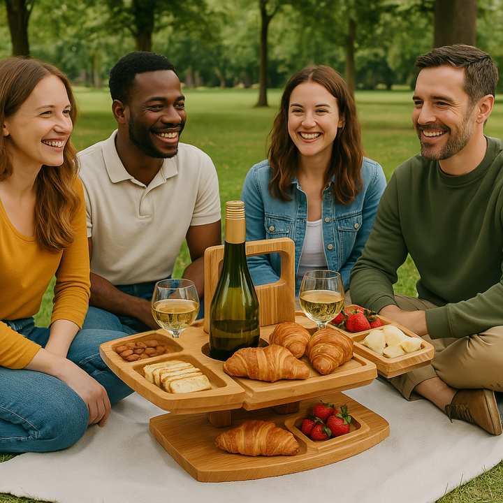 Přenosný dřevěný piknikový vinný stůl – WineNest