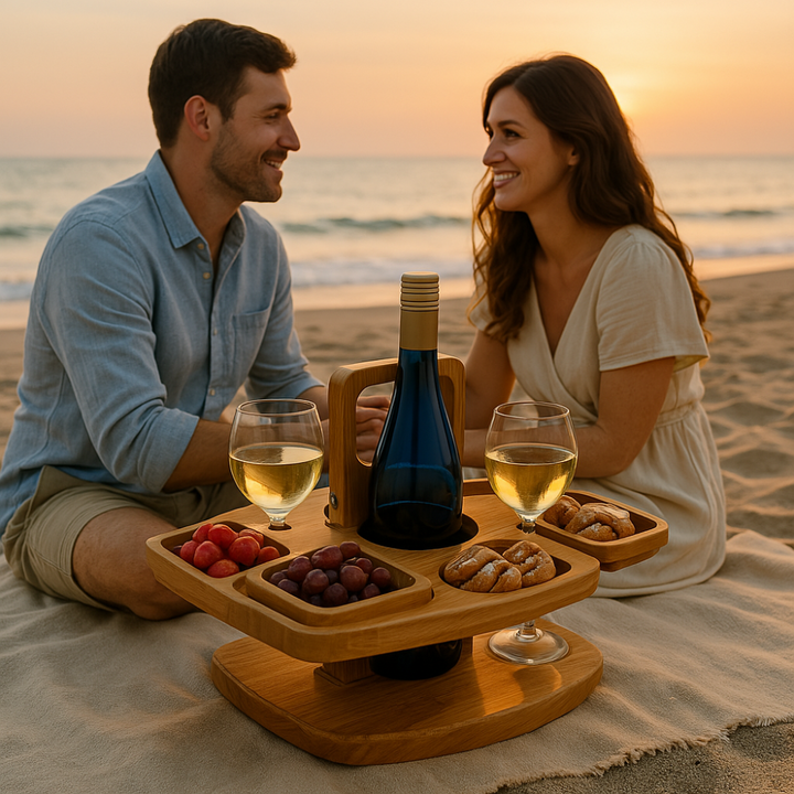 Přenosný dřevěný piknikový vinný stůl – WineNest