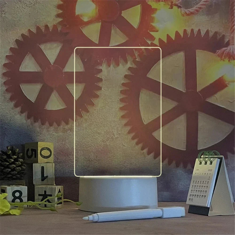 Transparente LED-Nachtlampe, Acryl, USB, mit Schreibtafel, Kalender, Zahnräder-Hintergrund.