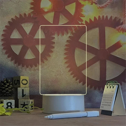 Transparente LED-Nachtlampe, Acryl, USB, mit Schreibtafel, Kalender, Zahnräder-Hintergrund.
