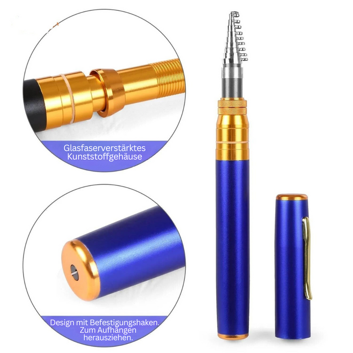 Blaue und goldene Teleskop-Angelrute, glasfaserverstärkt, kompakt, tragbar.