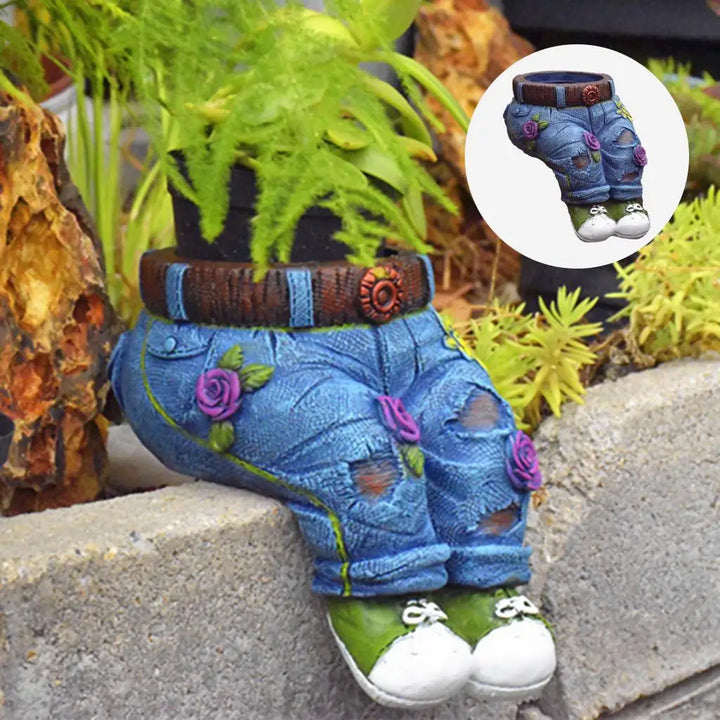 Kleine Pflanzskulptur in Form von Jeans, Harzmaterial, ideal für Sukkulenten, Gartendekoration.