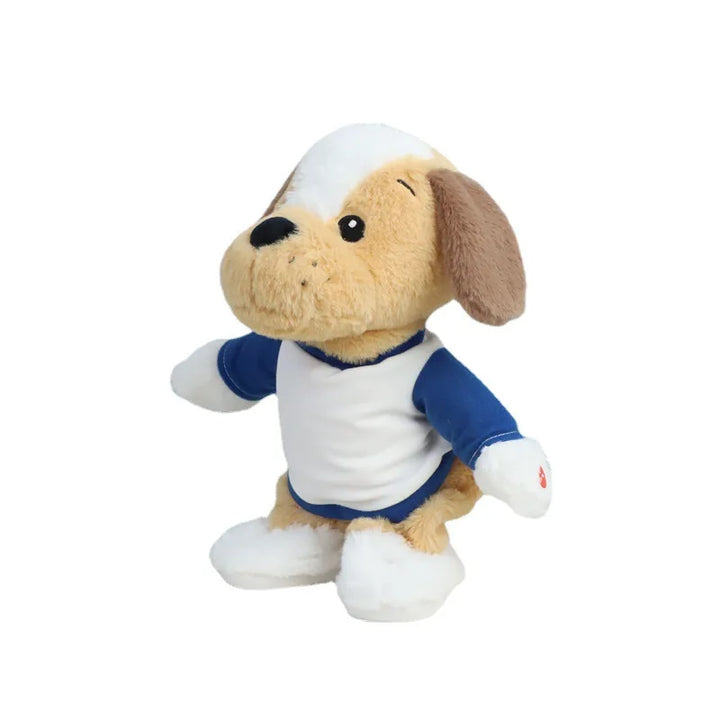 Plüschhund Spielzeug, tanzend, braun-weiß, blaues Shirt, interaktiv, Kinder, Geschenkidee