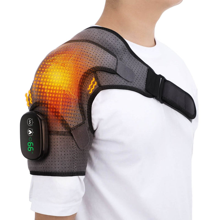 Mann mit grauem Schulterbandage, Heizfunktion, Schmerztherapie, verstellbar, Schwarz.