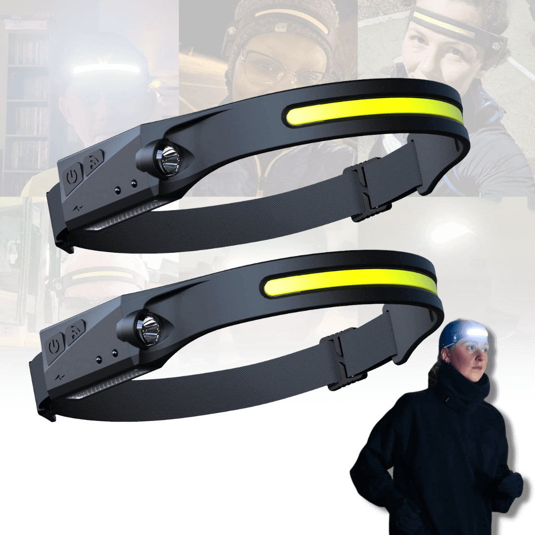 USB-wiederaufladbare LED-Stirnlampe, schwarz, mit gelbem Streifen, für Outdoor-Aktivitäten.