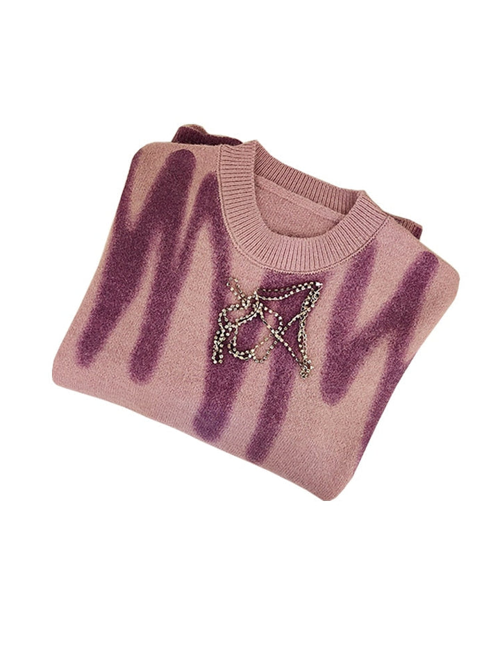 Rosa Pullover mit lila Streifenmuster und Perlenverzierung, Damenmode, Strickware.
