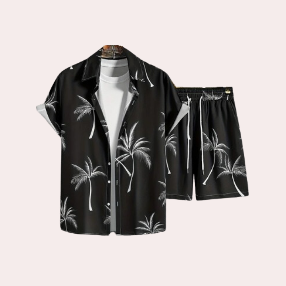 Schwarzes Hawaii-Hemd und Shorts Set mit Palmenmuster, Sommermode für Herren.