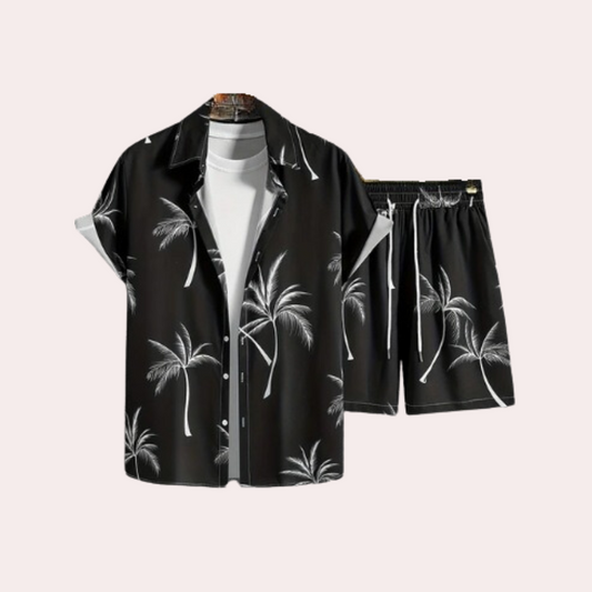 Schwarzes Hawaii-Hemd und Shorts Set mit Palmenmuster, Sommermode für Herren.
