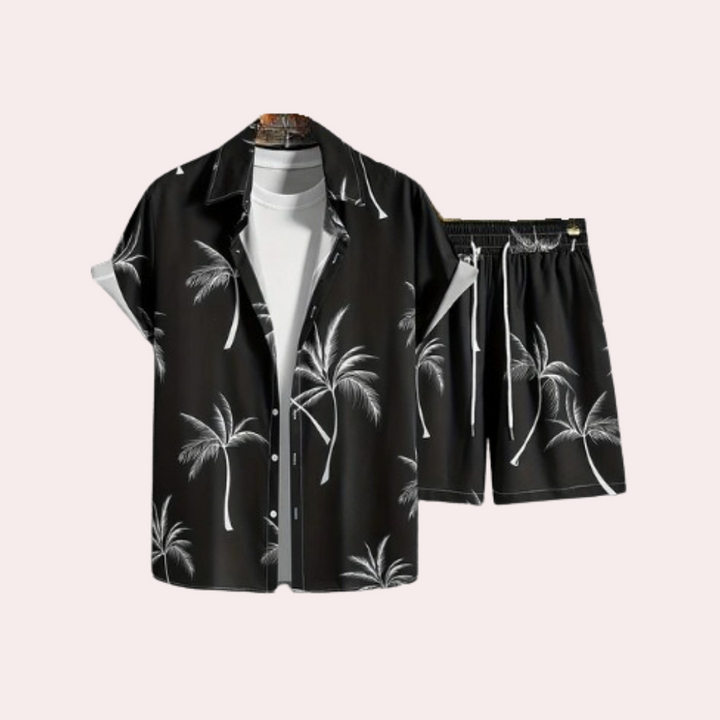 Schwarzes Hawaii-Hemd und Shorts Set mit Palmenmuster, Sommermode für Herren.