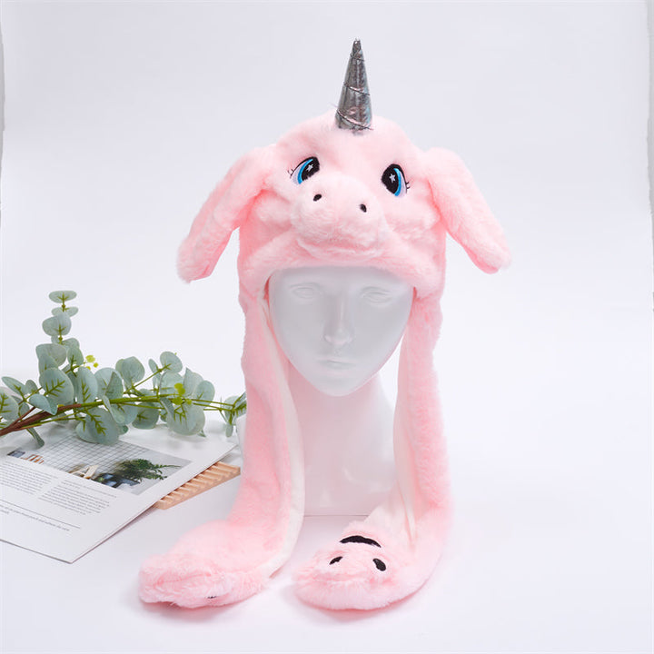 Rosa Einhorn-Mütze aus Plüsch mit Ohren und Horn, ideal für Kinder, Winteraccessoire.
