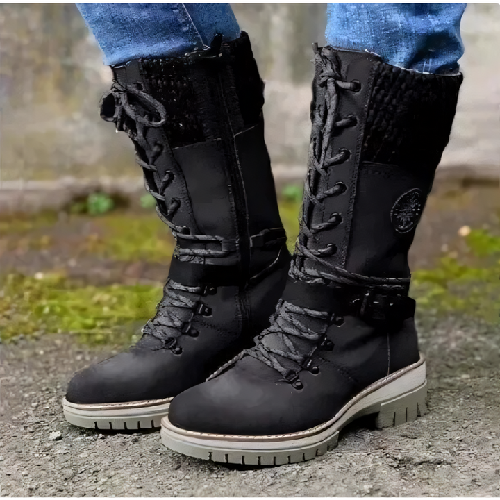 Schwarze Damenstiefel mit Schnürung, robustes Design, ideal für Herbstmode, Outdoor-Einsatz.