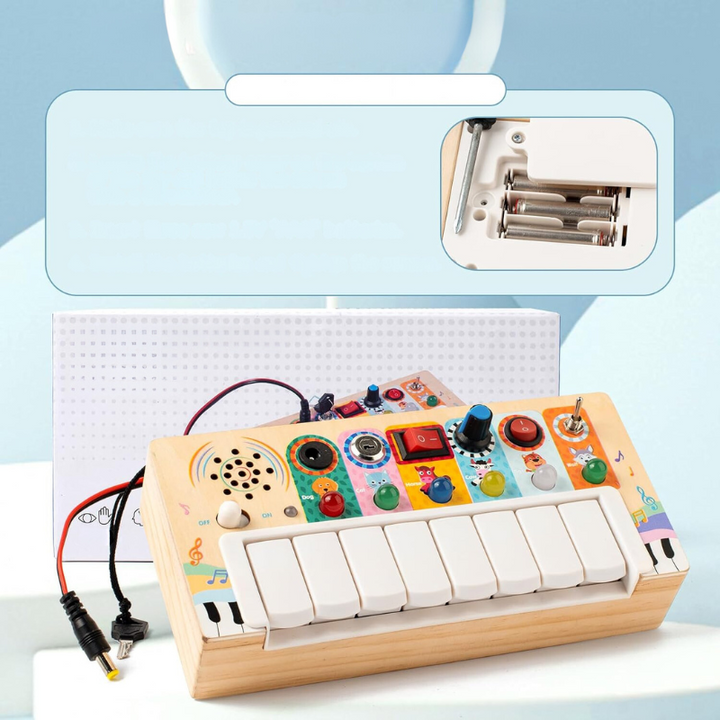 Holz-Synthesizer für Kinder, bunte Tasten, Lernspielzeug, Musikspielzeug, Batteriefach.