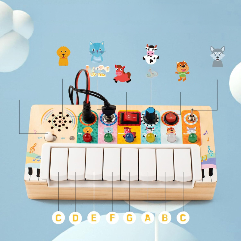 Holz-Kinderklavier mit Tiermotiven, bunten Tasten und Lautsprecher, Lernspielzeug für Musik.