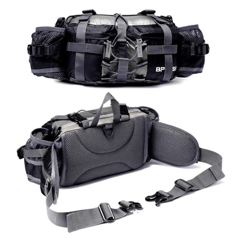 Schwarze wasserdichte Hüfttasche mit verstellbaren Gurten, ideal für Outdoor-Aktivitäten.