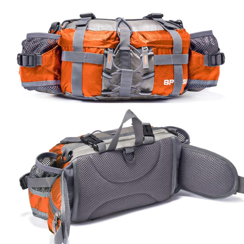 Orange und graue Outdoor-Hüfttasche, wasserdicht, mit mehreren Fächern und verstellbaren Gurten.