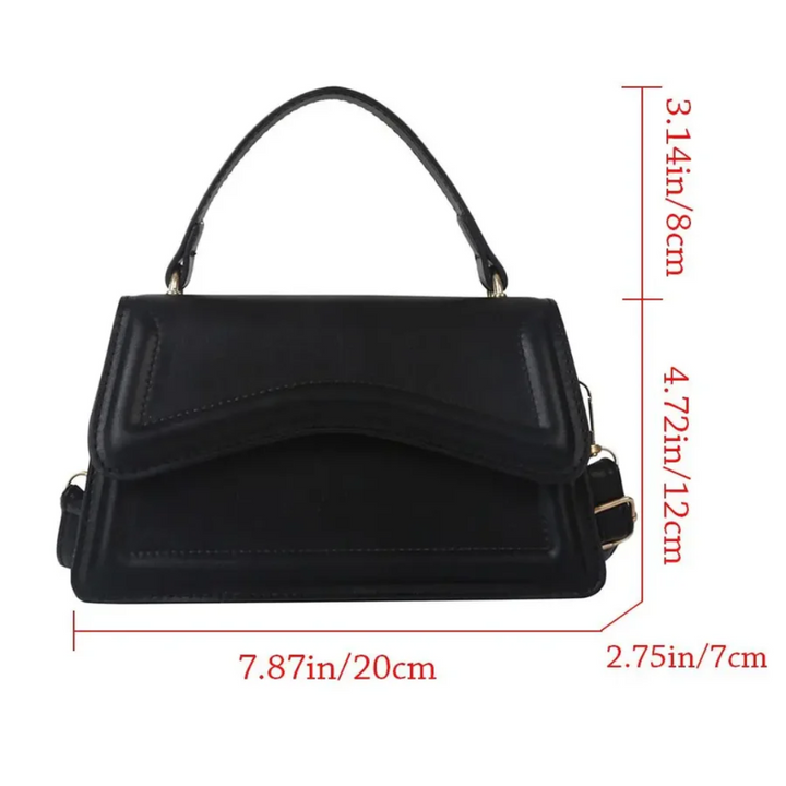 Schwarze Lederhandtasche, rechteckig, mit Tragegriff, Maße: 20x12x7cm.