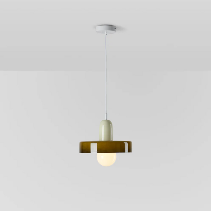 Moderne Pendelleuchte aus Glas, olivgrün, minimalistisch, für Wohnzimmer oder Esszimmer.