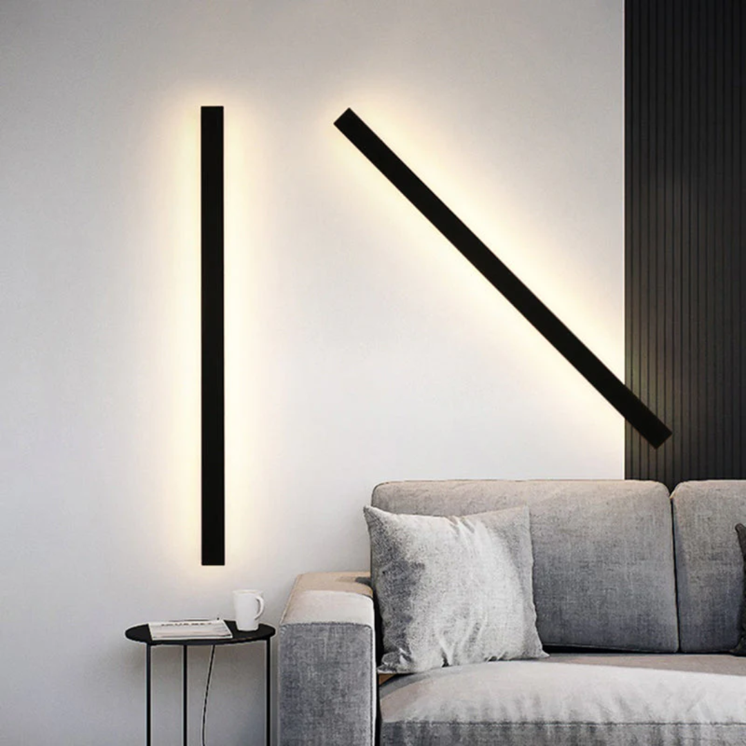 Moderne LED-Wandleuchte, schwarz, minimalistisch, Wohnzimmer, energiesparend, stilvoll.