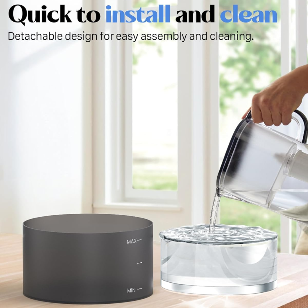 Schwarzer Luftbefeuchter, Wasserbehälter, modernes Design, einfache Reinigung, schnelle Installation.