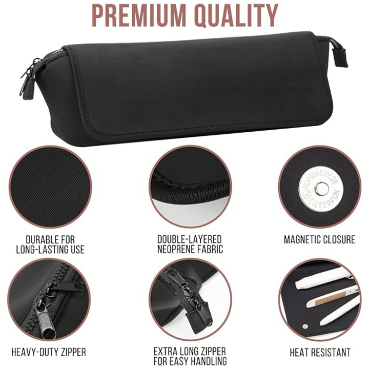 Schwarzes Neopren-Etui mit Magnetverschluss, langlebig, hitzebeständig, Reißverschluss.