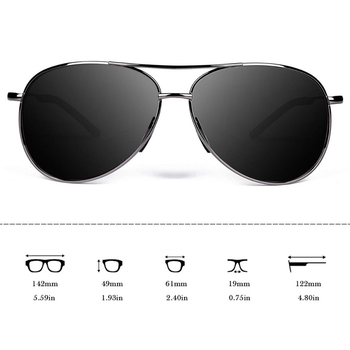 Schwarze Aviator-Sonnenbrille, Metallrahmen, UV-Schutz, Unisex, modisch, 142mm Breite.