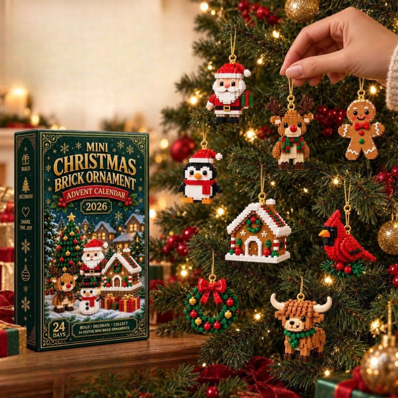 Ruka věší figurky Santy, soba, perníčku a kardinála na osvětlený vánoční stromek, vlevo stojí krabice kalendáře. 3