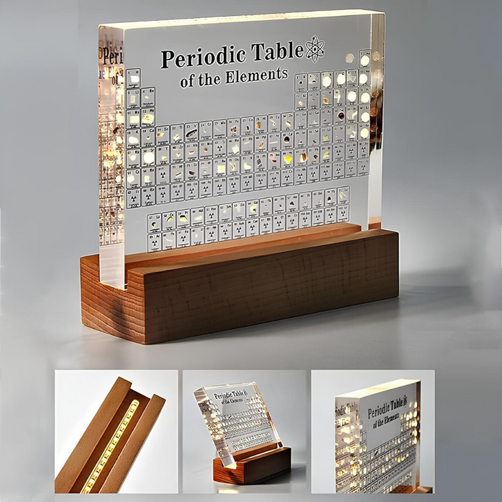 Leuchtender Periodensystem-Tisch aus Acryl und Holz, dekorative Wissenschaftsdekoration.