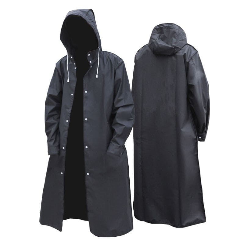 Schwarzer Regenmantel mit Kapuze, wasserdicht, lang, Unisex, Outdoor-Bekleidung.