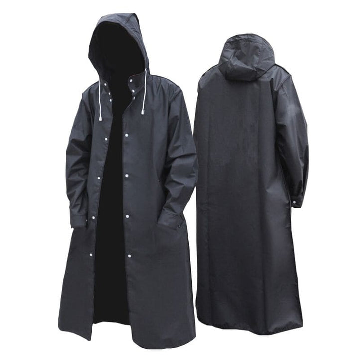 Schwarzer Regenmantel mit Kapuze, wasserdicht, lang, Unisex, Outdoor-Bekleidung.