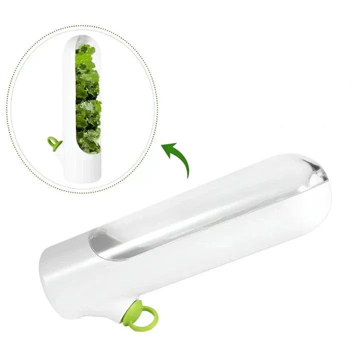 Transparente Salatschleuder-Flasche, weiß, mit grünem Griff, ideal für frische Salate.