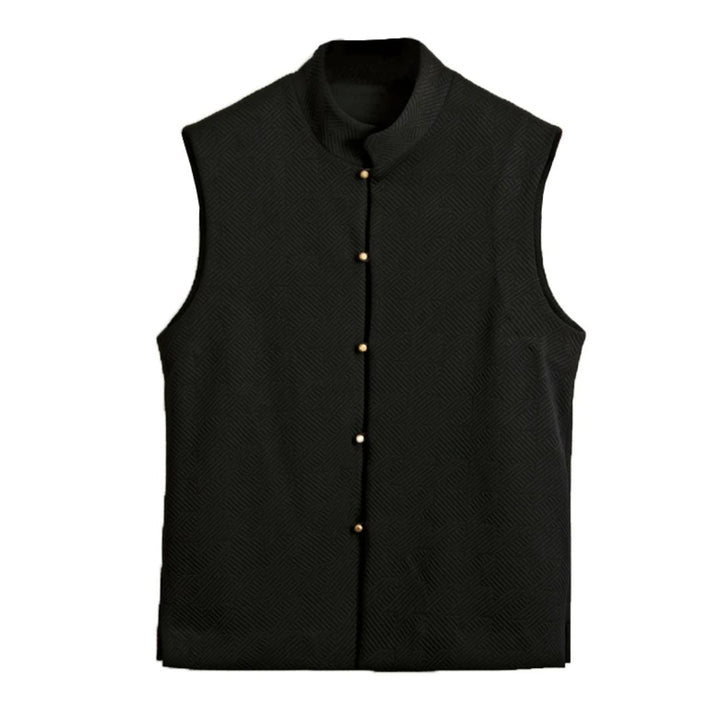 Schwarze ärmellose Weste mit Stehkragen und Knöpfen, elegantes Design, Herrenmode.