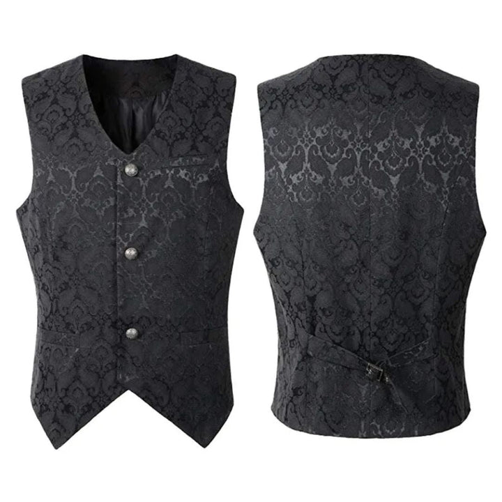 Schwarze Brokatweste Herren, elegant, Knöpfe, V-Ausschnitt, festlich, Vintage-Stil.