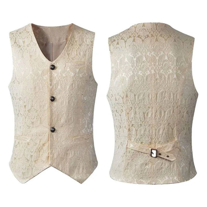 Beige Herrenweste aus Spitze, ärmellos, mit Knöpfen, elegantes Design für formelle Anlässe.