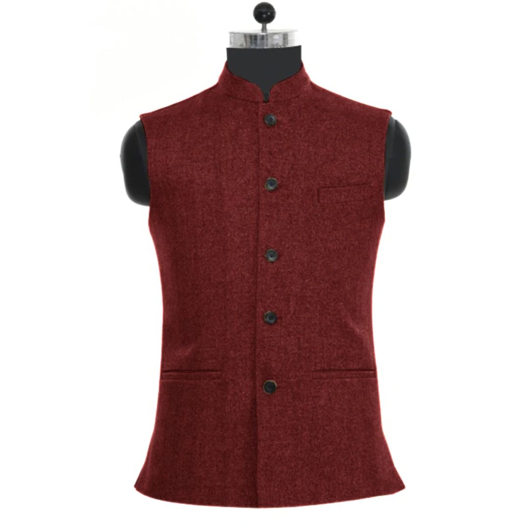 Rote Herrenweste, ärmellos, Stehkragen, Knopfleiste, elegantes Design, formelle Kleidung.