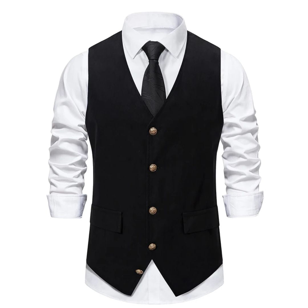 Schwarze Herrenweste mit Knöpfen, weißes Hemd, schwarze Krawatte, elegante Herrenmode.