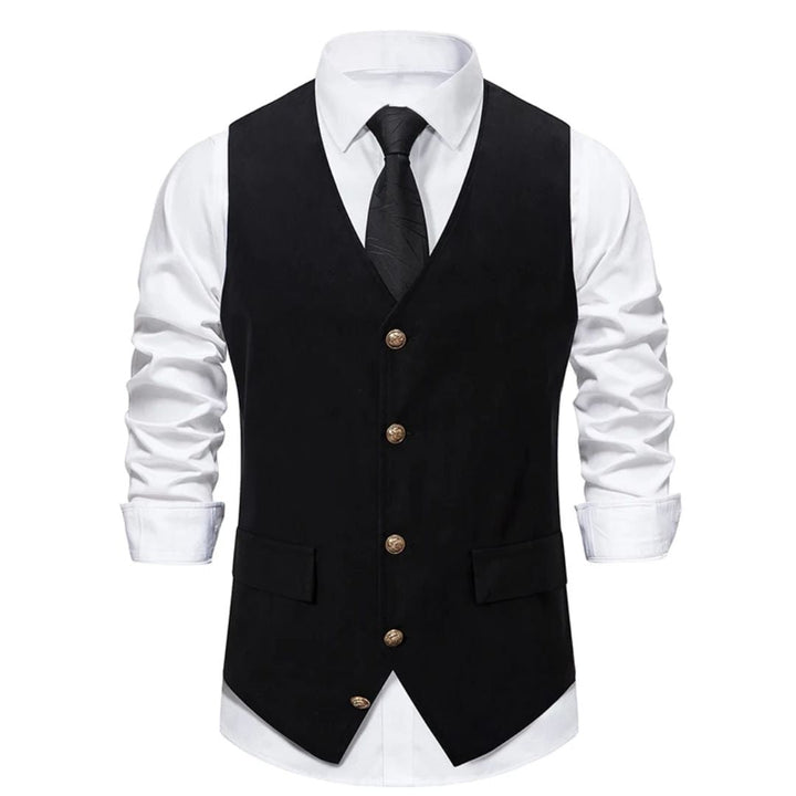 Schwarze Herrenweste mit Knöpfen, weißes Hemd, schwarze Krawatte, elegante Herrenmode.