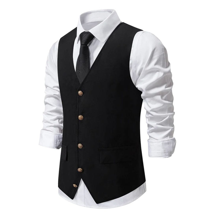 Schwarze Herrenweste mit Knöpfen, weißes Hemd, schwarze Krawatte, elegante Herrenmode.