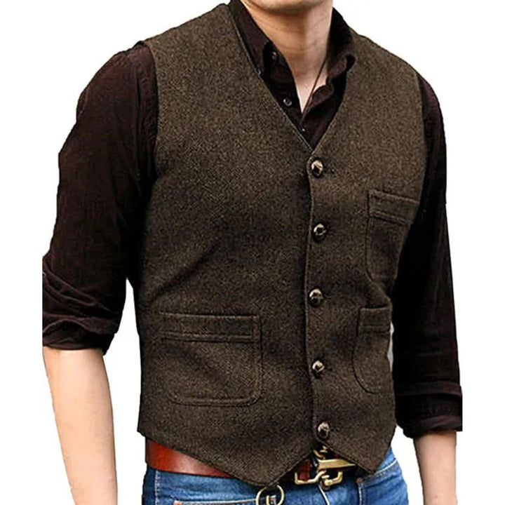 Braune Herrenweste aus Tweed, klassisch, mit Knöpfen und Taschen, ideal für formelle Anlässe.