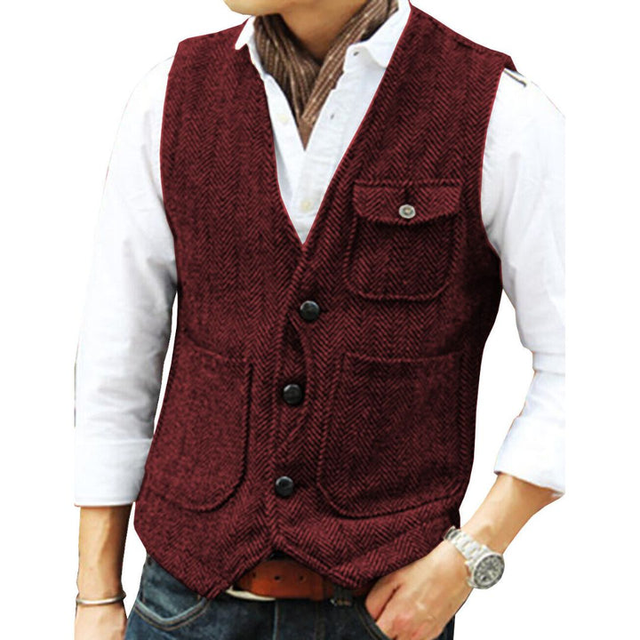 Herren Weste rot, Tweed, Knöpfe, modisch, elegant, Freizeitkleidung, Herrenmode.
