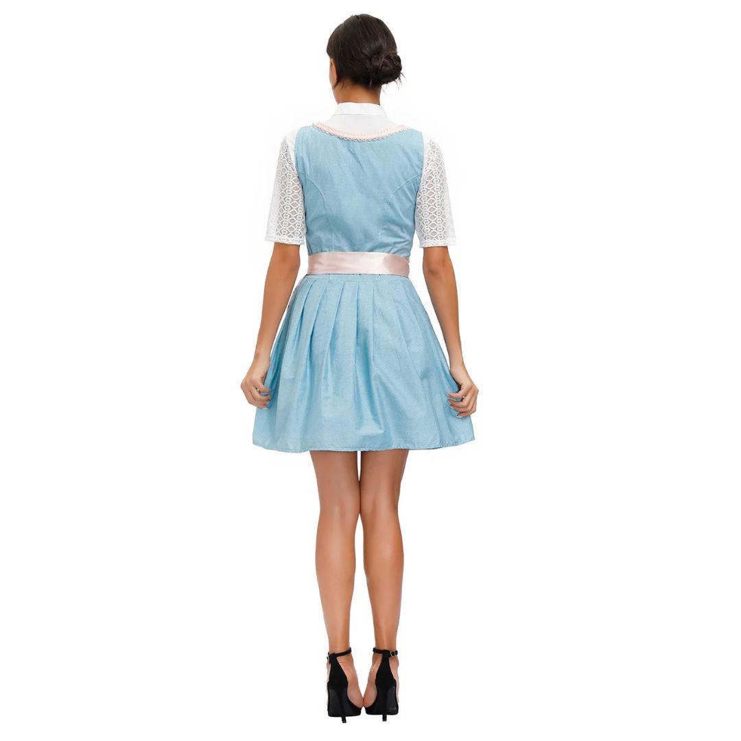 Frau in blauem Dirndl mit weißer Bluse und rosa Schürze, Rückansicht, traditionelles Kleid