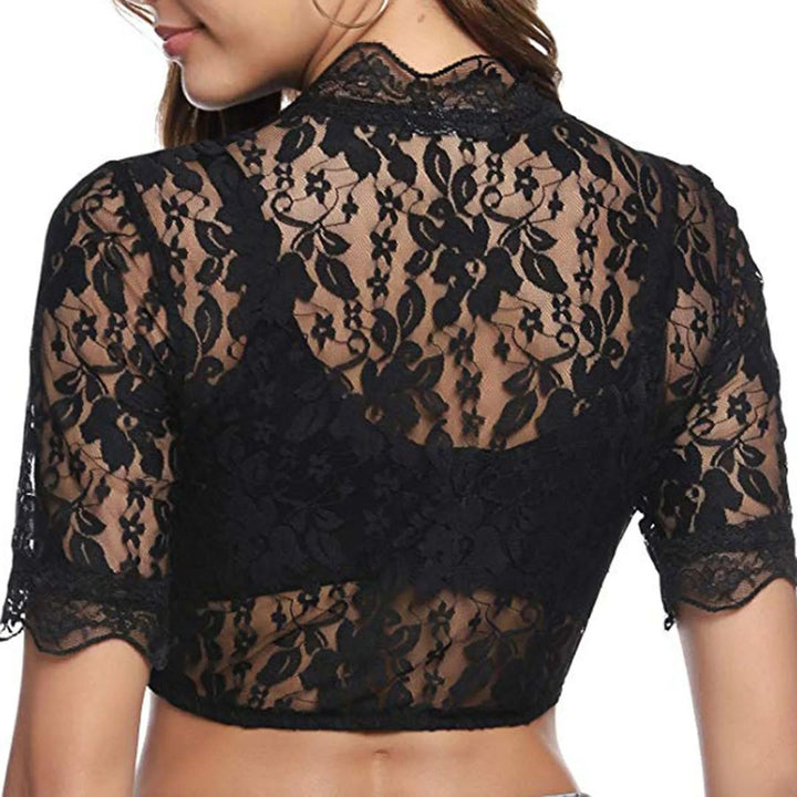 Schwarzes Spitzen-Bolero-Top, Damenmode, elegantes Design, halbärmlig, Rückansicht.