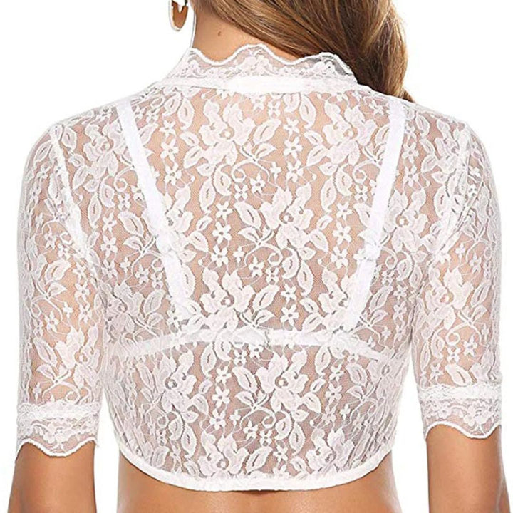 Damen Spitzenbluse, weiß, kurzärmelig, transparent, elegantes Design, ideal für Sommermode.